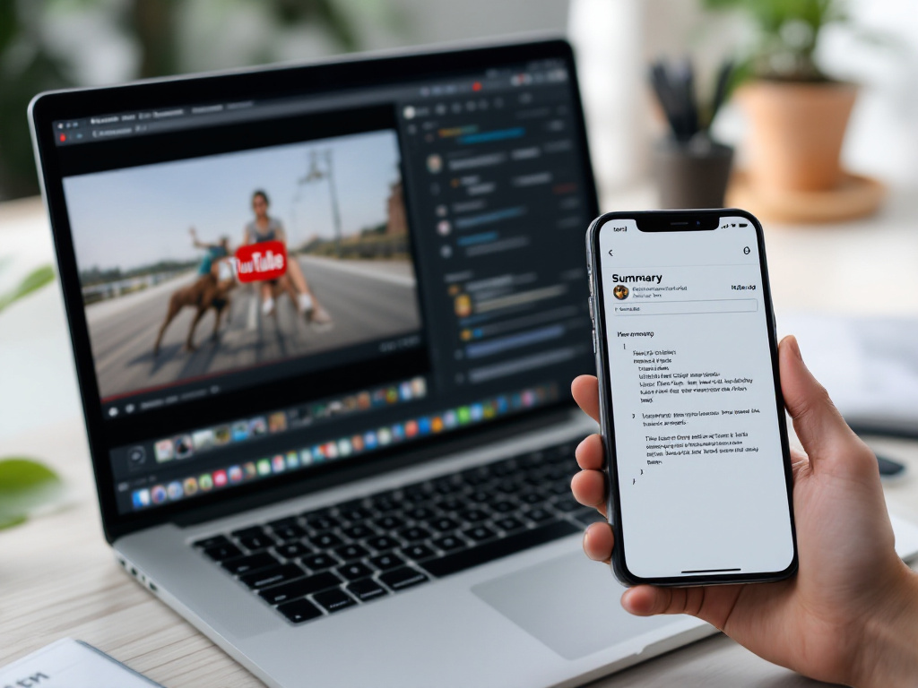 Gros plan d'un écran d'ordinateur portable divisé entre une vidéo YouTube sur la gauche et une sortie de résumé dans un document de style Notion sur la droite, avec une main tenant un téléphone montrant une note de timestamp. Environnement de travail réaliste avec curseur visible et un demi-fin