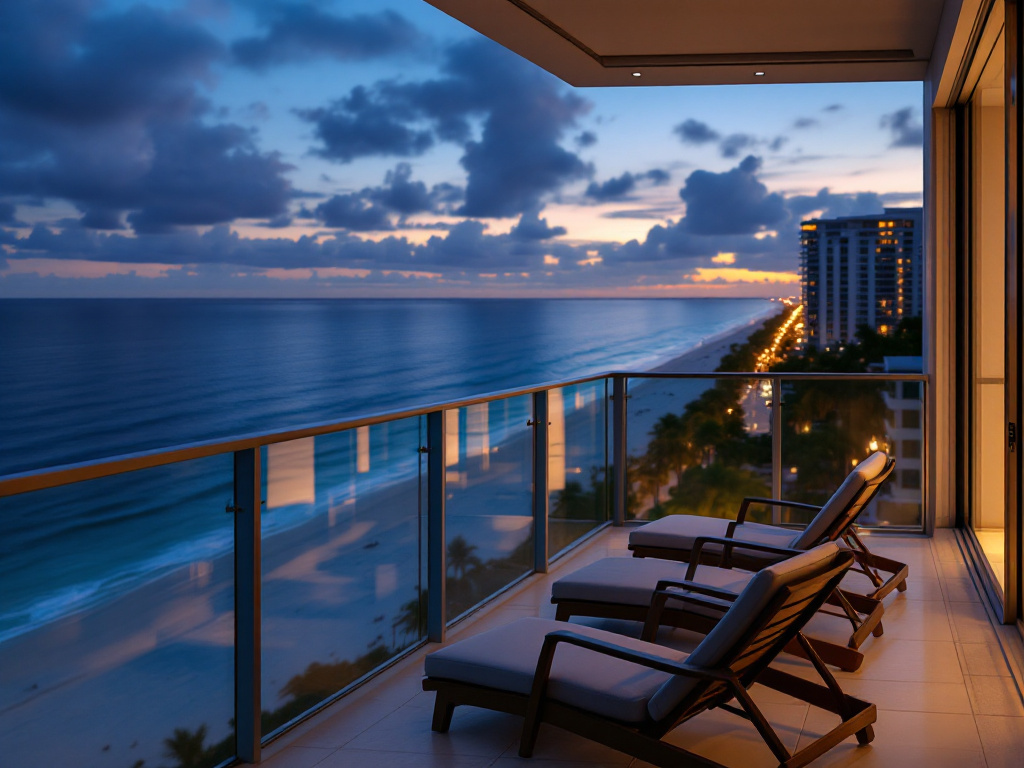 Wide-angle dusk shot of a Palm Beach oceanfront condo balcony — glass railing, lounge chairs angled toward the Atlantic, low warm interior light spilling out, Worth Avenue district lights visible in the distance. Shot from inside looking out so the r