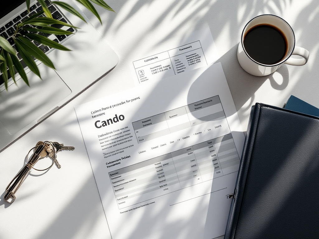 Flat-lay overhead shot of condo purchase documents — declaration binder, financial reports, a set of keys, a closed laptop, a coffee cup — desk surface, late-afternoon light. Conveys the due diligence phase as deliberate work, not paperwork hassle.