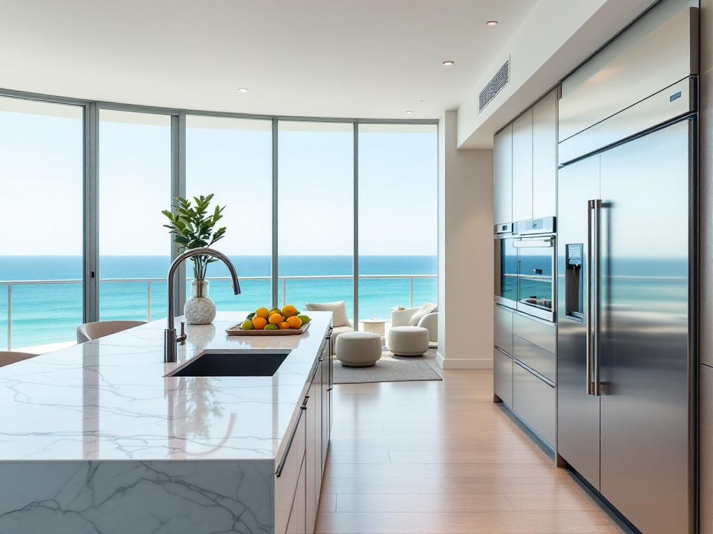 Interior shot of a renovated high-end Palm Beach condo — marble waterfall island, integrated panel-front appliances, floor-to-ceiling windows showing ocean horizon, neutral palette. Conveys what the $3M–$5M tier actually delivers.