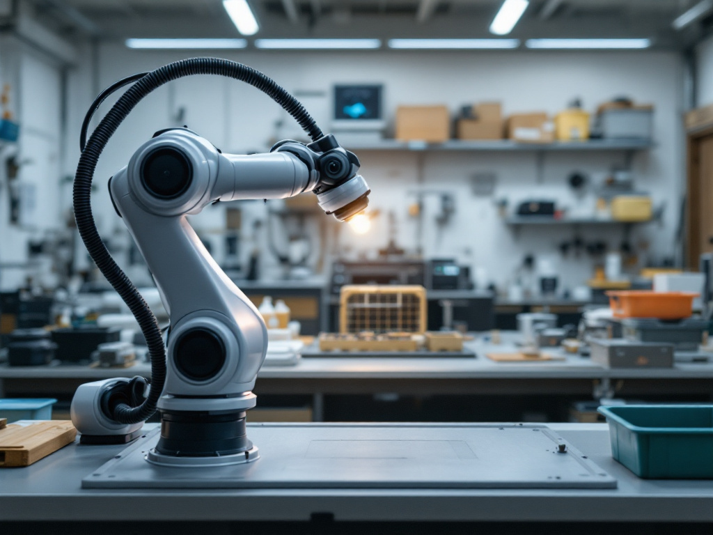 A Franka Emika Panda or Universal Robots UR5e arm mid-motion executing a smooth trajectory, photographed with slight motion blur on the end-effector to convey continuous motion. Lab bench setting, neutral lighting, visible workspace clutter (bins, fi
