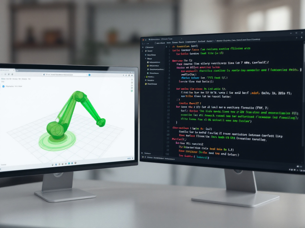 Screenshot composite — RViz window on left showing a 7-DOF arm with a green planned trajectory arc and translucent collision geometry; terminal window on right showing MoveIt2 log output with planning time and success rate. Realistic developer worksp