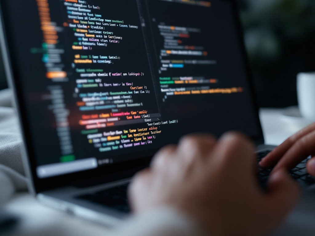 Close-up of a developer's laptop screen showing an IDE (VS Code or Cursor) with AI inline suggestions appearing in gray ghost text mid-function. Hands visible on keyboard, soft office lighting, side-angle shot. The code on screen should be readable P