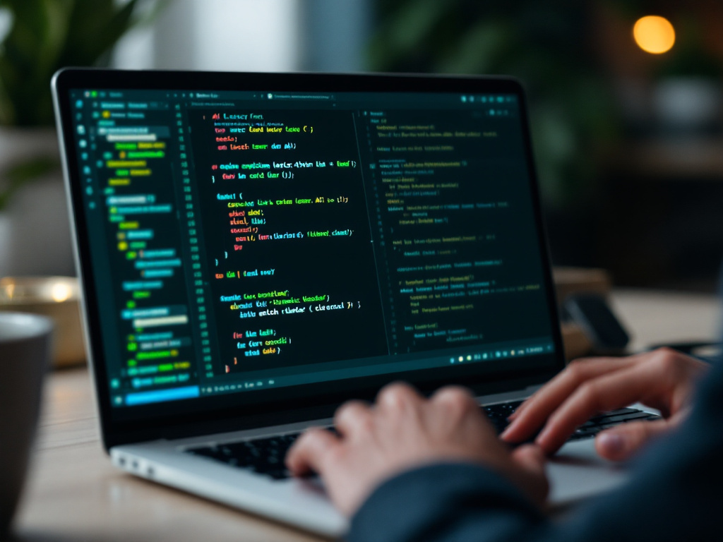 Developer's laptop screen split-view: left side shows original legacy Python function with several conditional branches; right side shows AI-refactored version with annotations and inline comments. Side-angle shot, developer's hand on trackpad mid-re