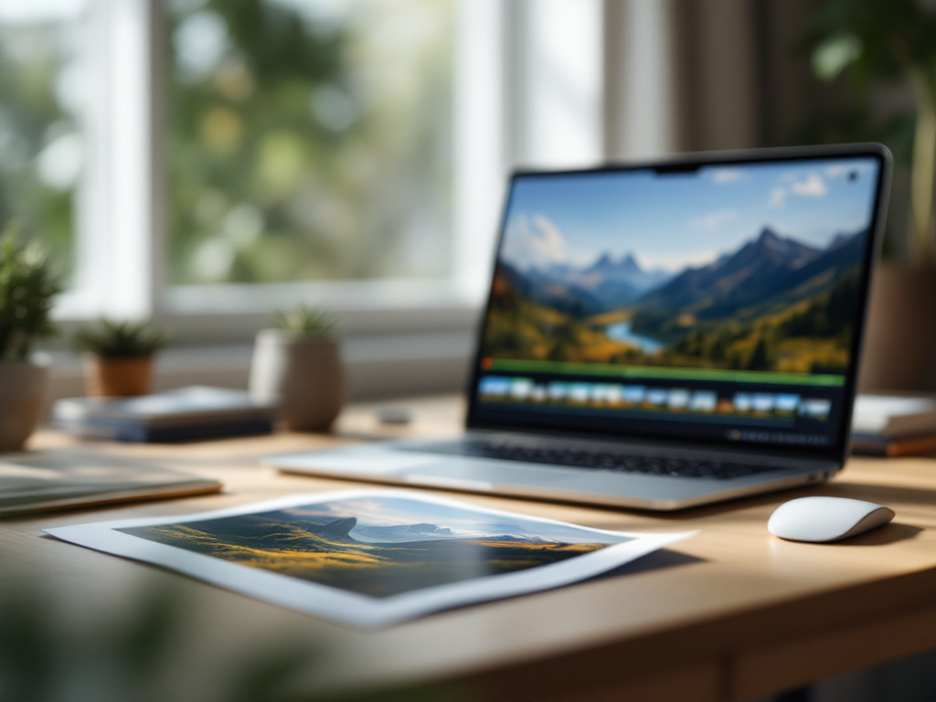 A creator's desk with a printed landscape photograph in foreground and a laptop screen behind it showing a video timeline with the same landscape now in motion. Soft natural window light, shallow depth of field, 16:9 framing.