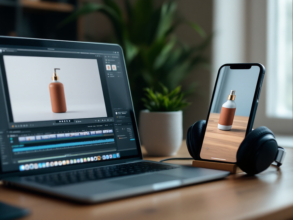 A split workspace shot — left side shows a laptop screen with a static product photo open in an image editor; right side shows a phone propped up playing a 15-second motion clip of the same product. A pair of headphones rests between them implying vo