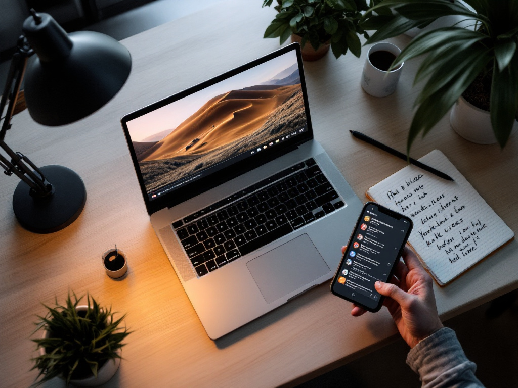 Overhead shot of a creator's workspace — laptop showing a vertical 9:16 video preview on screen, smartphone propped beside it showing YouTube Shorts feed, notepad with handwritten hook ideas. Warm desk-lamp lighting, slightly cluttered to feel authen
