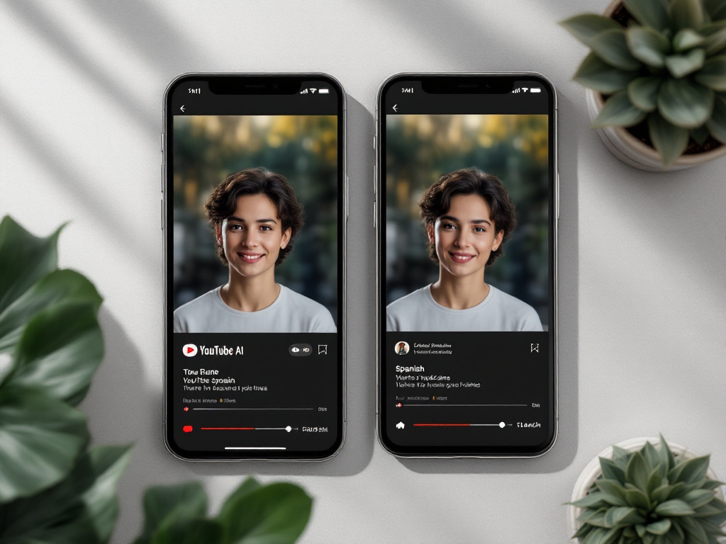 Split-screen mockup showing the same Short playing in two YouTube mobile interfaces side-by-side — left in English with English captions, right in Spanish with Spanish captions. Both show the same visual frame.