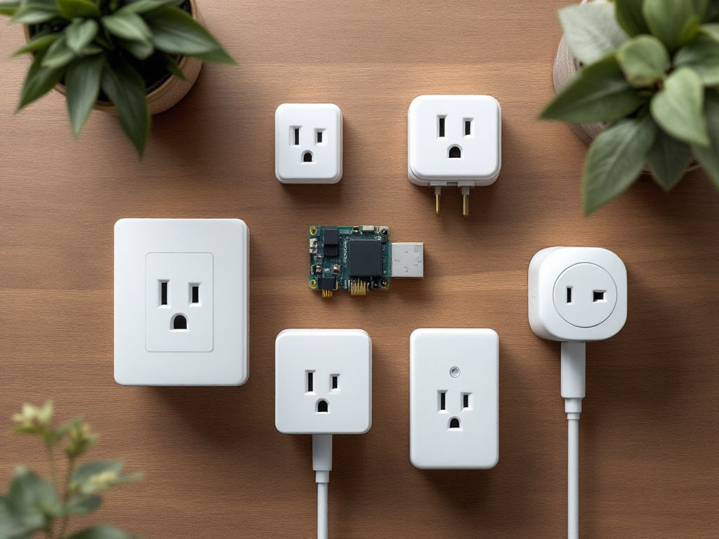 Top-down flat-lay on a matte wood surface: four smart plugs (one compact white ZigBee plug, one bulkier Z-Wave plug, one Shelly relay module, one Tasmota-flashed Tuya plug) arranged around a Raspberry Pi running Home Assistant, with a Sonoff ZigBee c