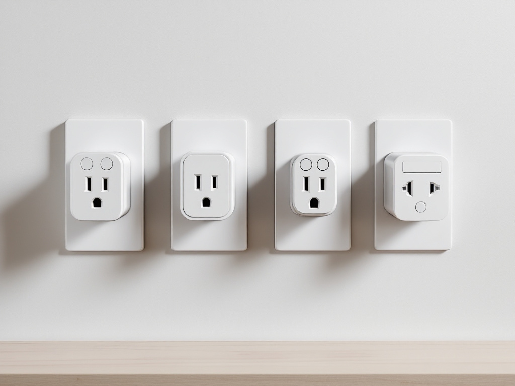 Side-by-side scale shot: Innr SP 240, Shelly Plug S Gen3, Sonoff S26R2, and Aeotec Smart Switch 7 plugged into a 4-outlet Schuko strip, photographed straight-on to show how each affects adjacent outlet clearance. White seamless background, even softb