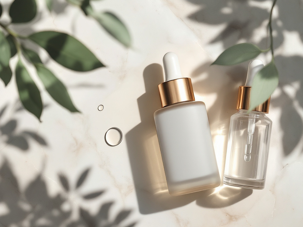 Overhead flat-lay on a clean stone or linen surface — one matte opaque serum bottle implied "niacinamide" on the left, one clear glassy dropper bottle implied "hyaluronic acid" on the right, soft natural light, single water drople