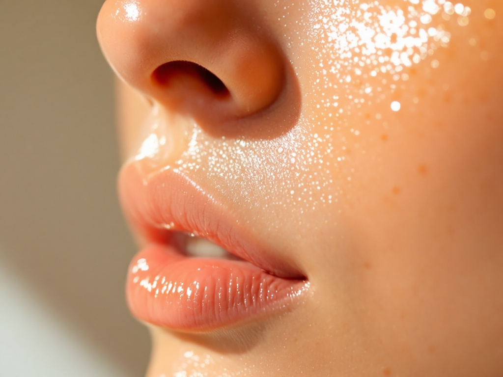 Close-up macro shot of skin in raking light showing real texture — cheek/nose area with visible sebaceous filaments and slight shine, no heavy retouching, real skin not a model. Caption: Niacinamide doesn't shrink pores — it reduces what fills them.