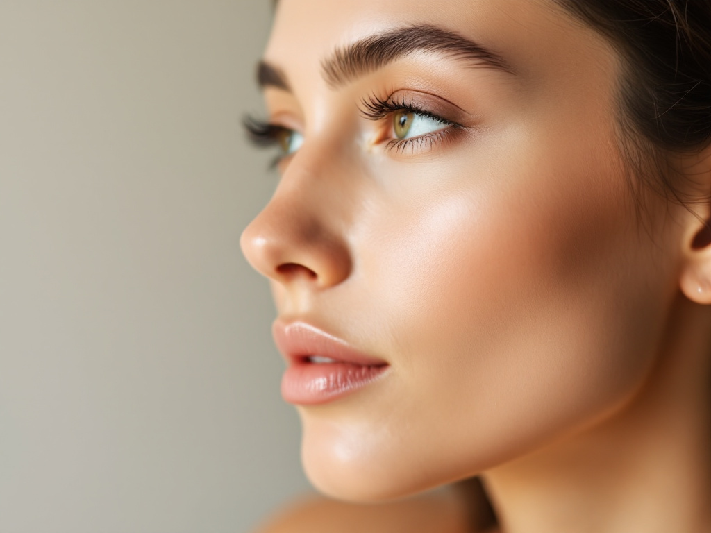 Side profile close-up of cheek area showing visibly hydrated, plump-looking skin surface — soft light catching slight dewiness, no makeup. Caption: Hyaluronic acid's visible win is surface plumpness within minutes. The catch — it needs damp skin and