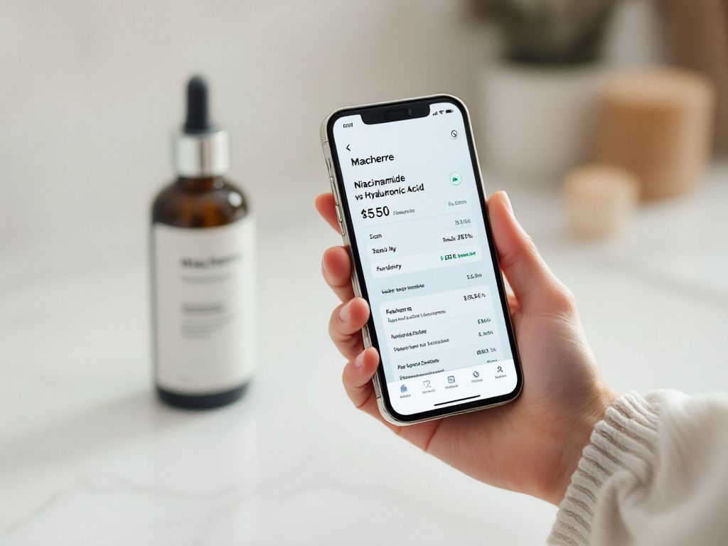 A hand holding a phone with an ingredient breakdown screen open — over a clean countertop with two skincare bottles slightly out of focus in the background. Caption: Before you buy: scan, verify the percentage, check for clashes, read reviews from sk