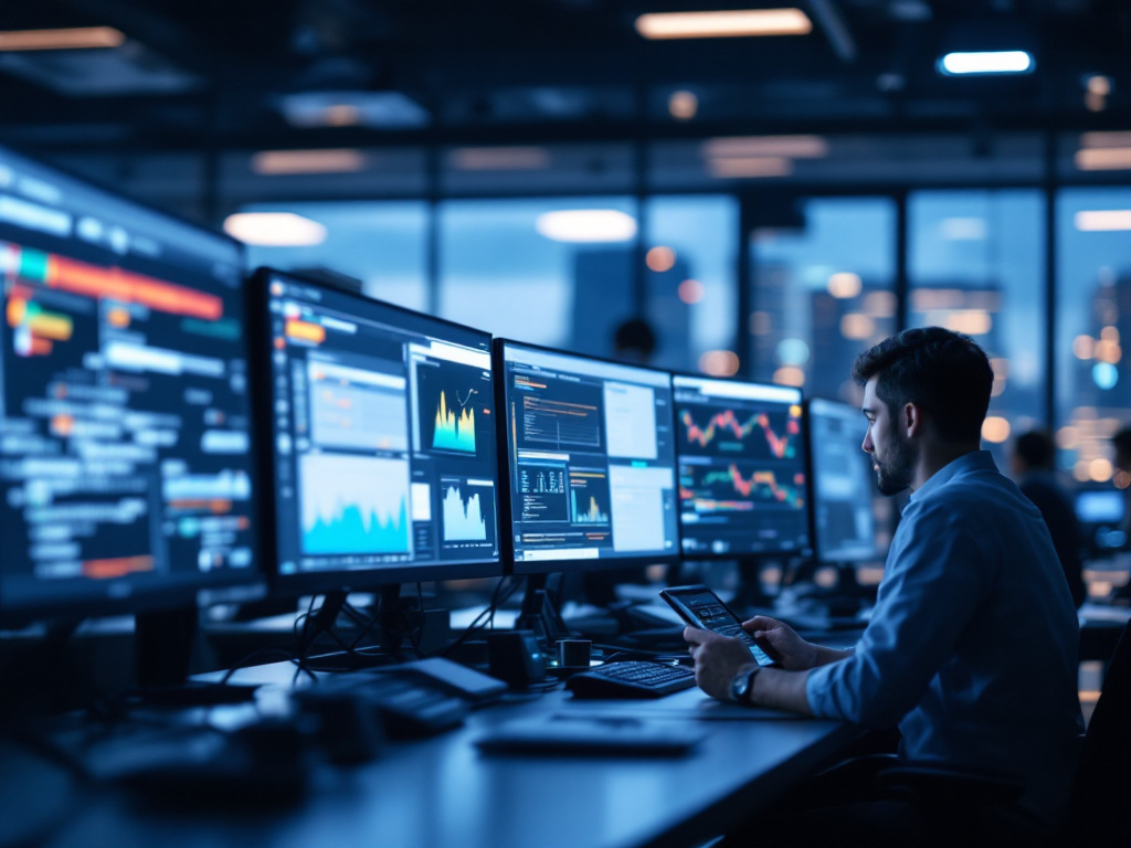 Wide-angle shot of a modern finance operations floor at dusk — multiple monitors displaying ledger interfaces, transaction queues, and a single human analyst reviewing a flagged exception on a tablet. Cool blue tones, slight motion blur on staff in b