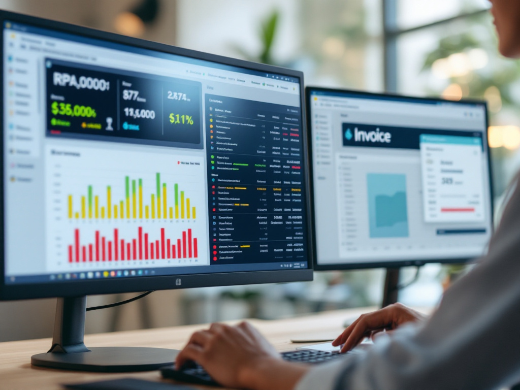 Close-up of a finance analyst's dual-monitor setup — left screen shows an RPA orchestrator dashboard with green/amber/red bot status indicators and transaction throughput graphs; right screen displays an exception queue with a single highlighted invo