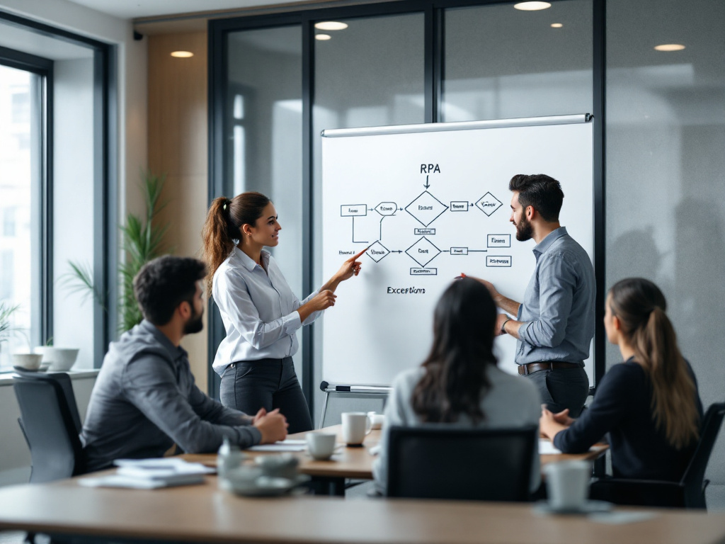 Mid-shot of a small finance/risk team in a glass-walled meeting room, gathered around a whiteboard with a process flow diagram showing decision diamonds and exception paths. One team member is pointing at a flagged step. Suggests the pre-mortem conve