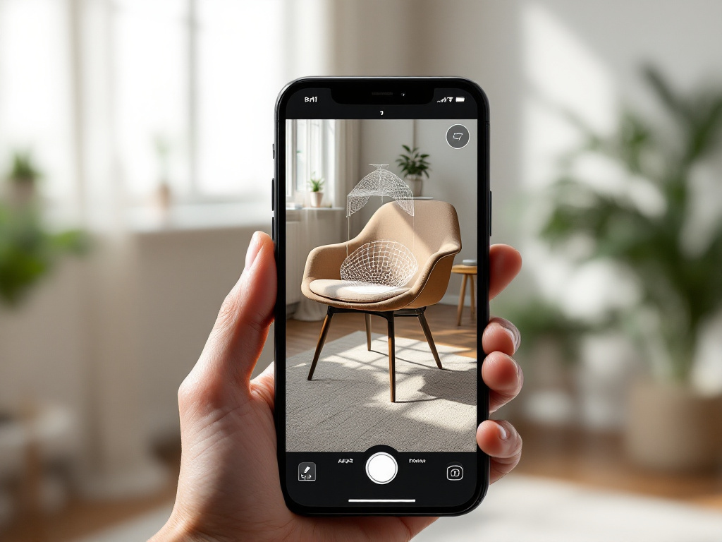 iPhone 15 Pro held in landscape orientation, capturing a mid-century chair in a sunlit studio, with the Voxelio mesh overlay visible on screen showing real-time ARKit reconstruction in progress. Close-up angle, shallow depth of field, neutral backdro