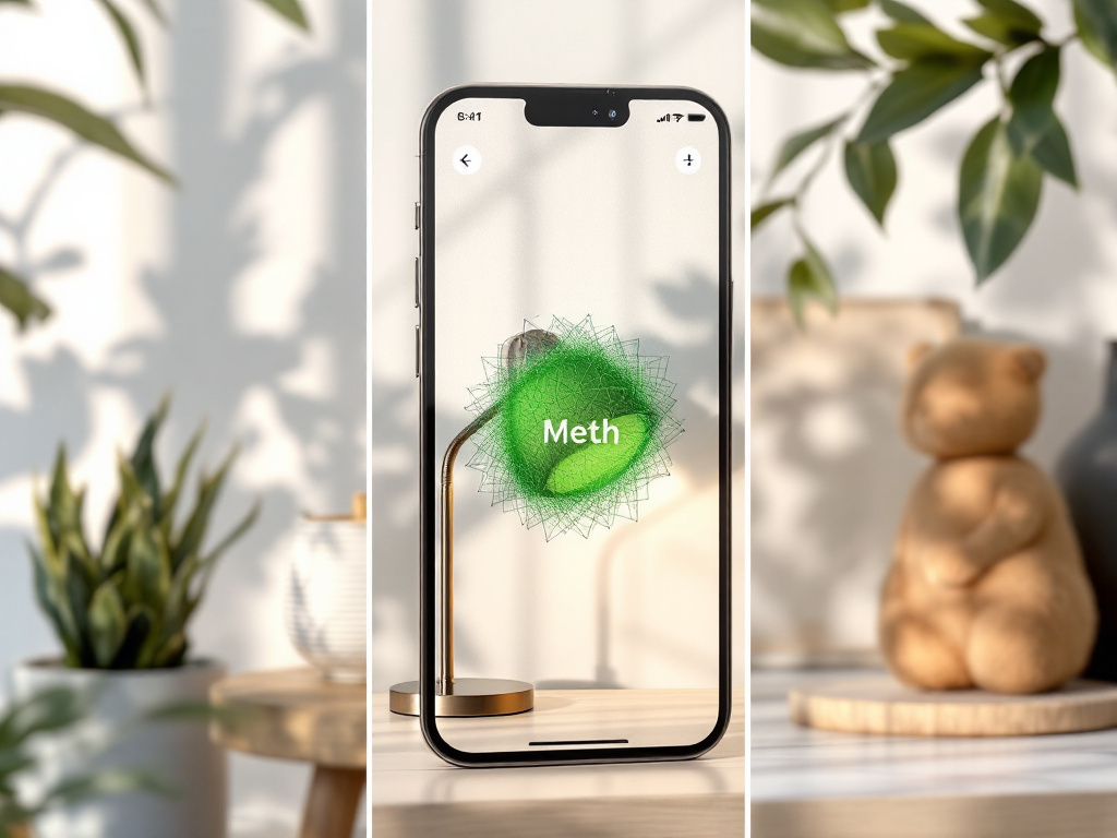Three-panel composite showing iPhone screen in three states — (1) mode selector with Mesh highlighted, (2) live ARKit green-overlay mesh growing across a desk lamp during capture, (3) export dialog showing OBJ/USDZ/PLY format buttons. Side-by-side la