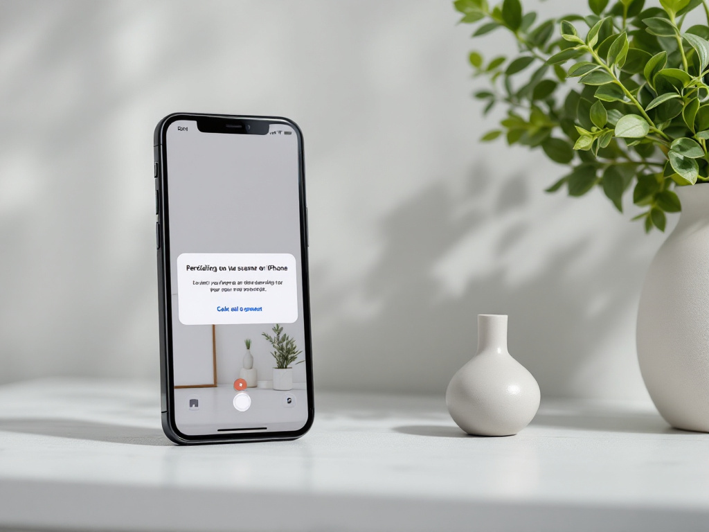 iPhone showing the ARKit camera permission dialog on screen, photographed against a clean desk with a small object (e.g., a vase) staged for scanning. Communicates "what your first launch will look like."