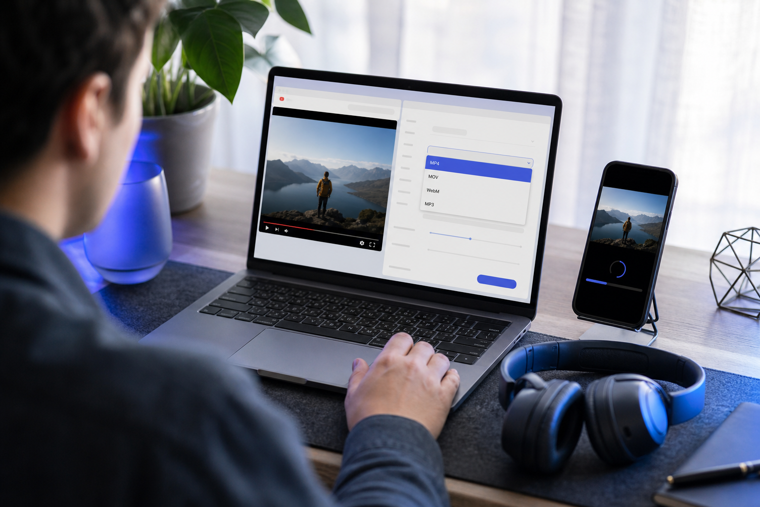 Hero shot — over-the-shoulder view of a laptop screen showing a YouTube video paused in one browser tab and a media converter interface open in another tab, with a format dropdown (MP4, MOV, WebM, MP3) partially visible. Desk has headphones and a pho