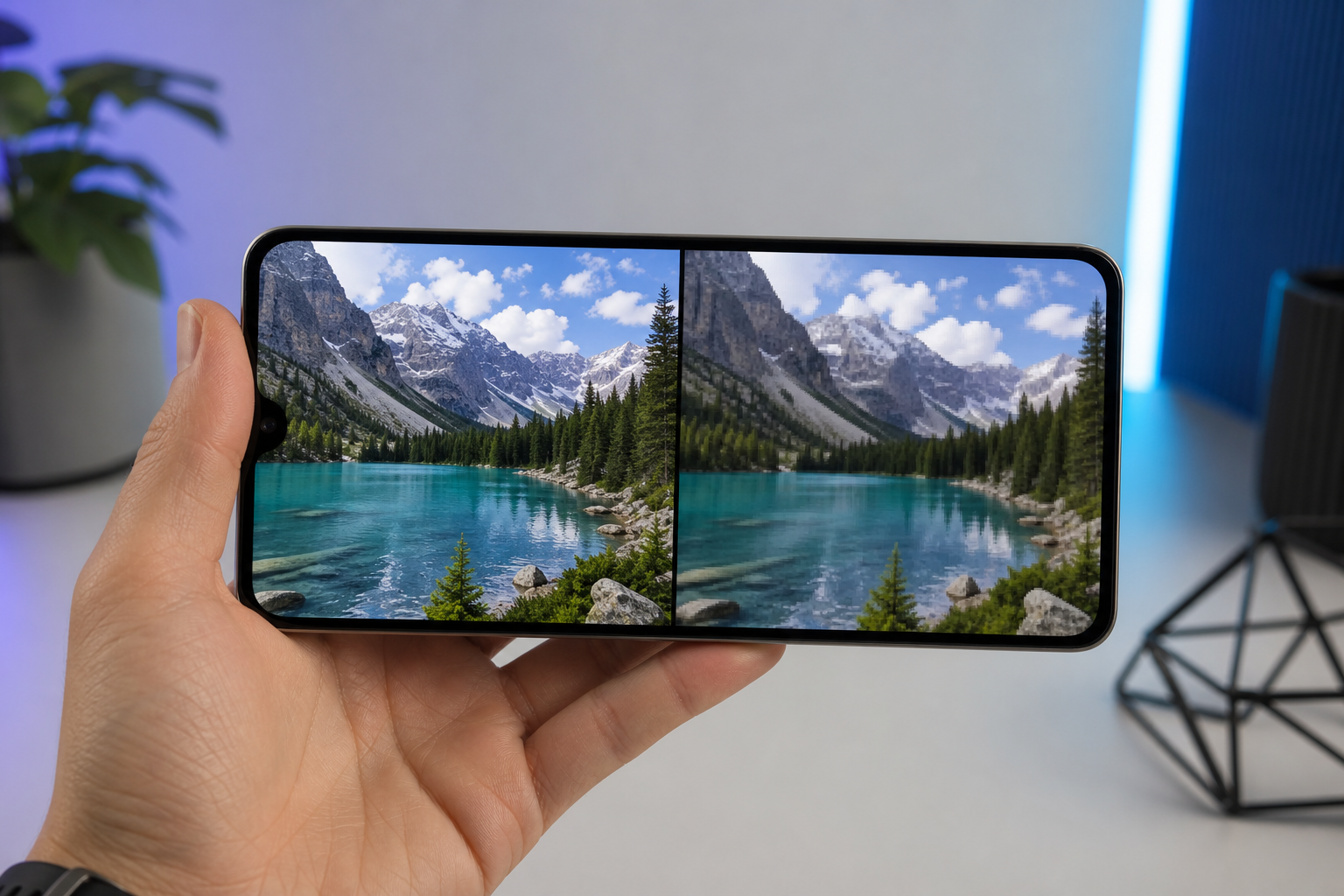 Side-by-side comparison on a phone screen — same video frame displayed twice, one labeled "1080p at 8 Mbps H.264" and one labeled "1080p at 3 Mbps H.264," shot close enough to see compression blocking in the lower-bitrate version.