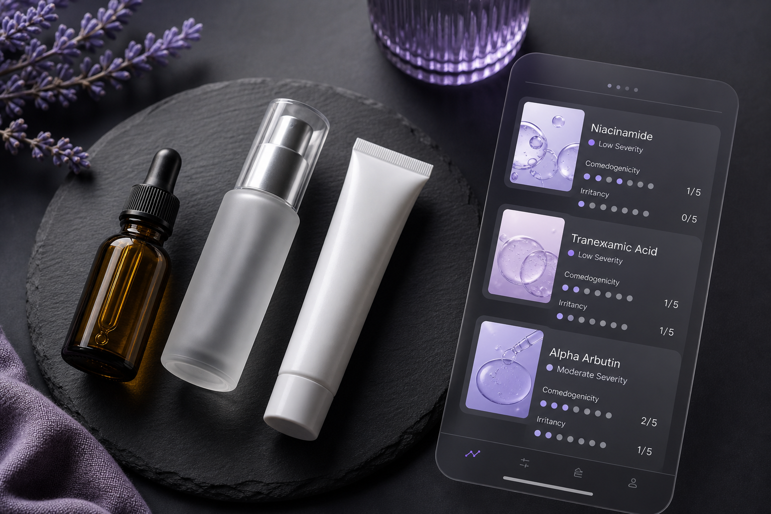 Overhead flat-lay of three skincare serum bottles (amber dropper bottle, frosted glass pump, opaque white tube) on a matte black surface, partially overlaid with a translucent mobile app UI mockup showing ingredient cards with severity labels and 0–5