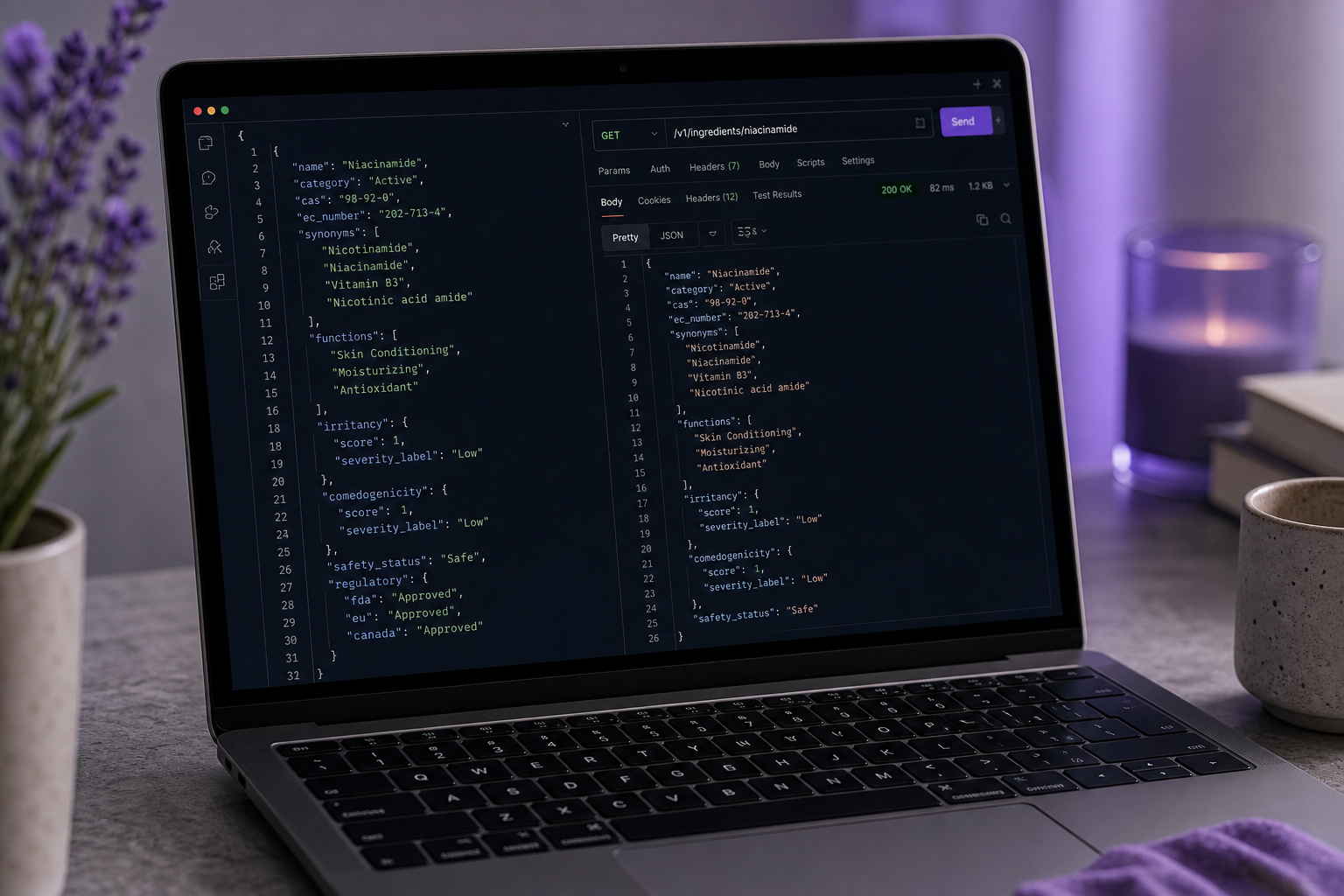 Close-up of a developer's laptop screen showing a code editor (VS Code-style) with a JSON response open on one half and a Postman/Insomnia API testing pane on the other half. The visible response clearly shows fields like "irritancy" and &q