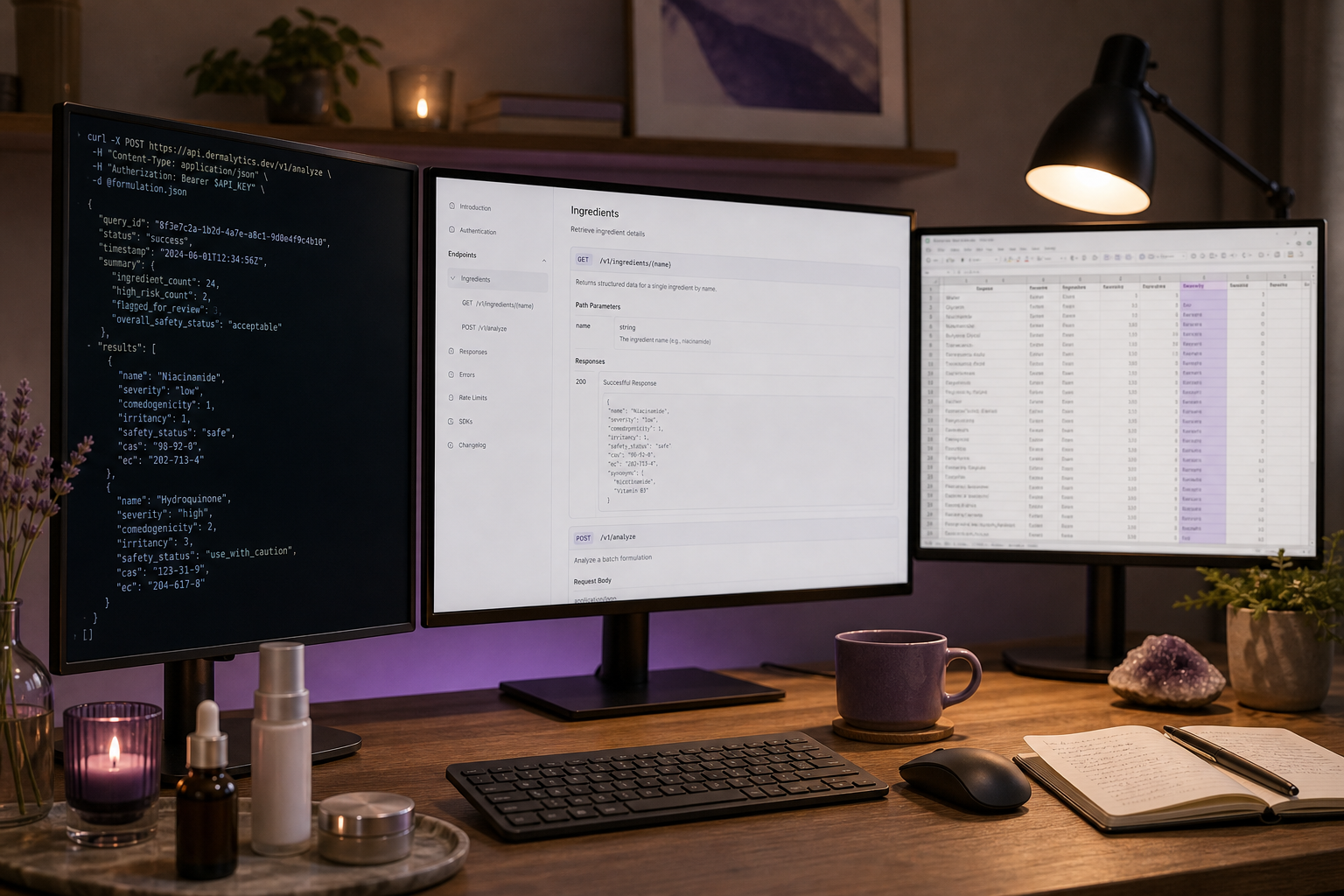 Three-monitor developer workstation, slight off-angle. Center monitor displays an API documentation page; left monitor shows a terminal with curl output; right monitor shows a generic spreadsheet representing manual data. No identifiable competitor l