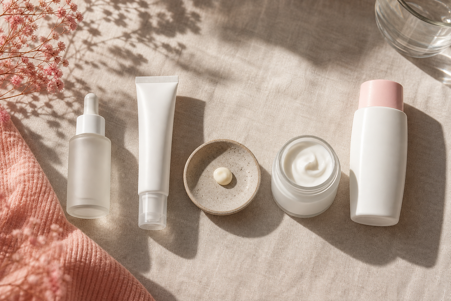 Overhead flat-lay on a soft beige linen background showing a dropper-style azelaic acid serum bottle, a tube of 15% azelaic acid gel, a small ceramic dish with a pea-sized dab of cream, a moisturizer jar, and a sunscreen bottle arranged in routine or