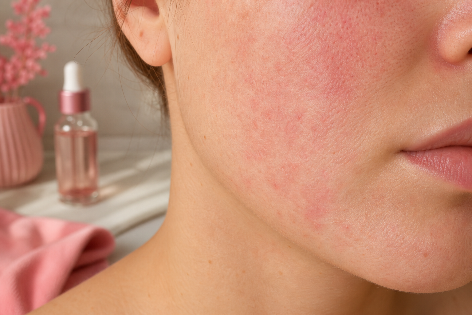 Close-up macro shot of a person's cheek and jawline showing mild background redness in a rosacea-like pattern, realistic and unfiltered, soft natural light. Frame from below the eye to the chin only; no full face. Skin shown in a neutral, untreated s