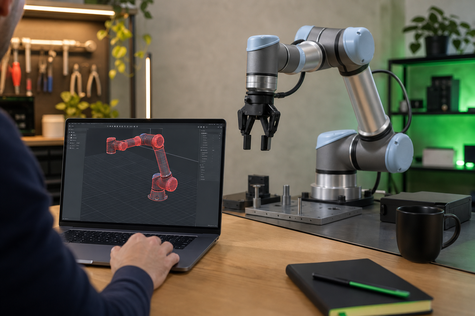 Wide-angle workshop photo showing a UR5e collaborative arm on a lab bench, with a laptop in the foreground displaying a Gazebo simulation of the same UR5e (collision meshes visible in red). Engineer's hand near the keyboard. Natural overhead lighting