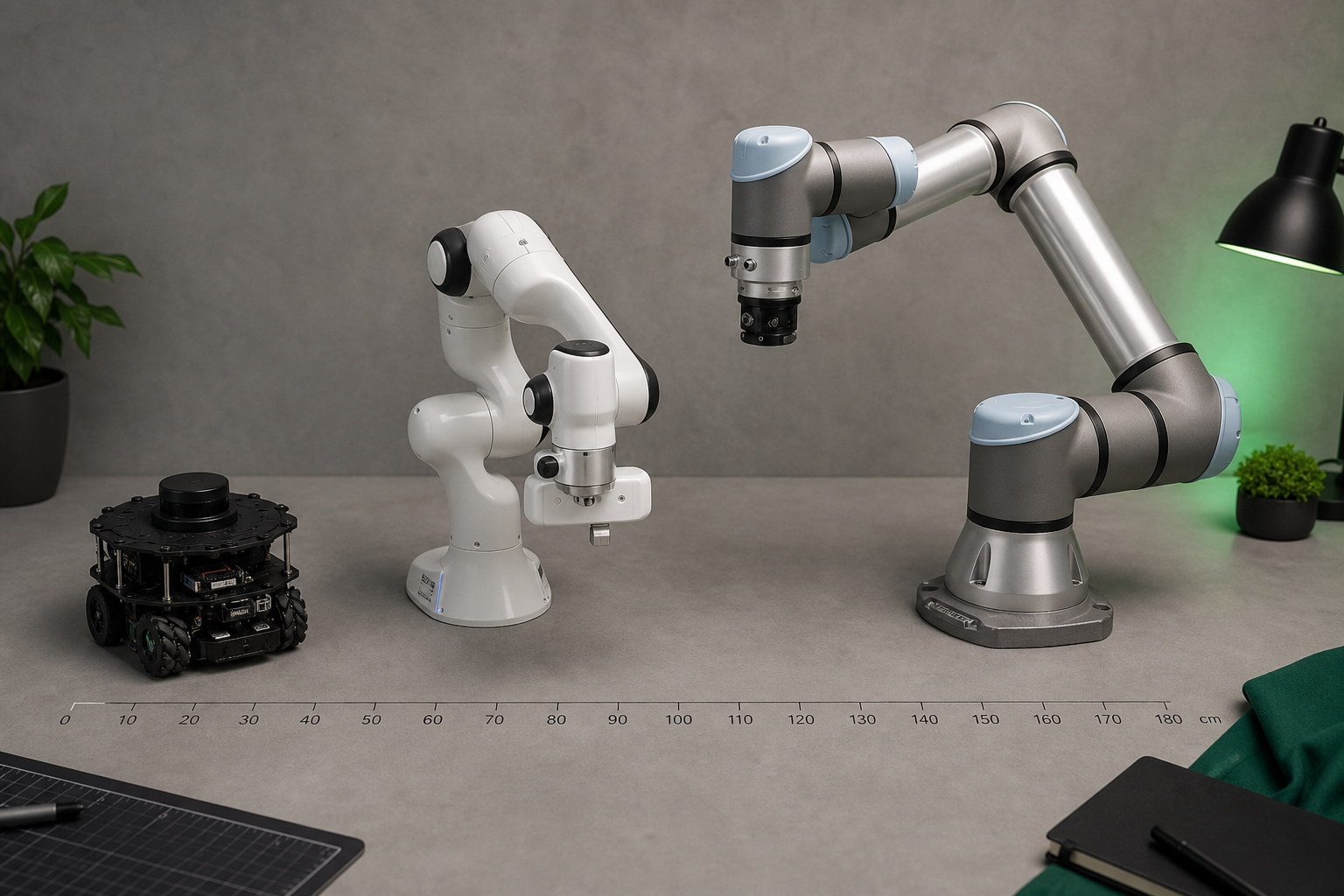 Flat-lay studio photo showing three robotics kits at proportional scale: UR5e arm (large, right), Franka Panda (center, white), TurtleBot3 Burger (small, left, with visible LIDAR puck). Neutral gray background, soft top light. Subtle floor markers sh