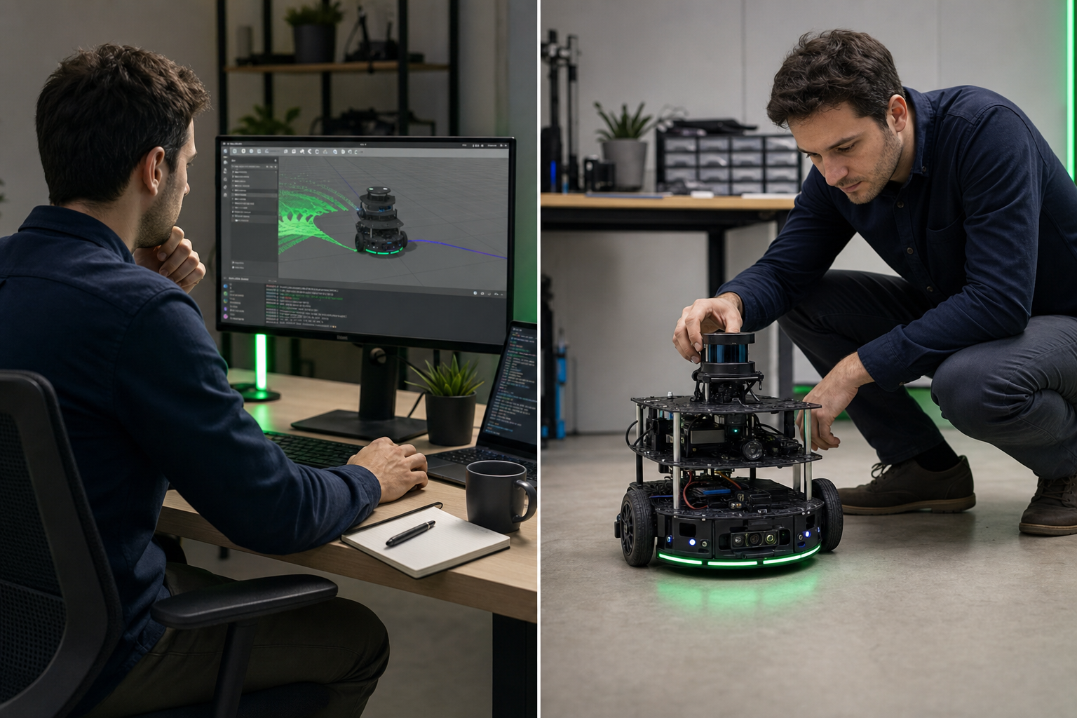 Split-screen composition: left half shows an engineer at a workstation with a Gazebo simulation of a TurtleBot3 running on screen (clearly mid-development, terminal output visible); right half shows the same engineer kneeling next to the physical Tur