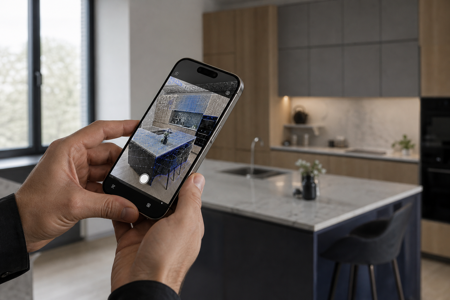 iPhone 15 Pro held at ~45° angle mid-scan of a modern kitchen, with the LiDAR mesh visualization overlaying countertops and cabinetry on-screen. Natural window light, no harsh shadows. The phone is the focal subject; the room is context.