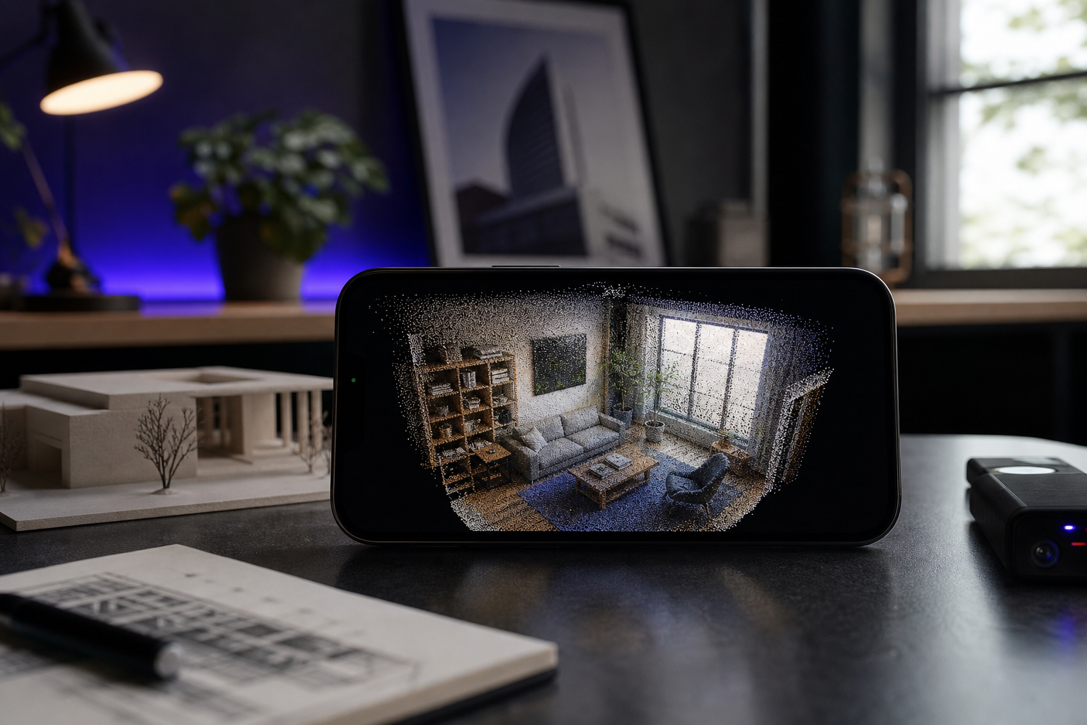 Colored PLY point cloud visualization of a small living room or office, rendered in CloudCompare. Clear color fidelity, visible point density, architectural detail at window frames and furniture edges. Dark background to emphasize point colors.