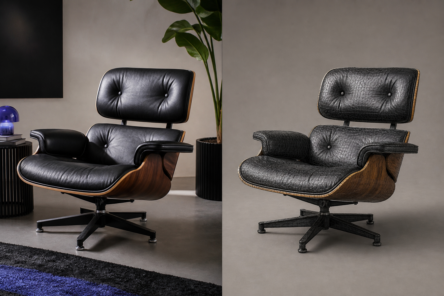 Split-screen composition. Left half shows a real-world mid-century lounge chair (or aluminum bracket). Right half shows the corresponding textured 3D mesh rendered in Blender or SketchUp. Lighting matched between halves so the comparison is direct. P