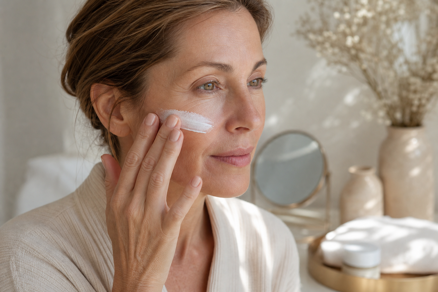 Close-up portrait of a woman 40-55 in soft natural window light, applying mineral sunscreen with her fingertips along her cheekbone. Visible product texture (slight cream finish, not greasy). Neutral background. Camera angle: 3/4 face. Conveys ritual