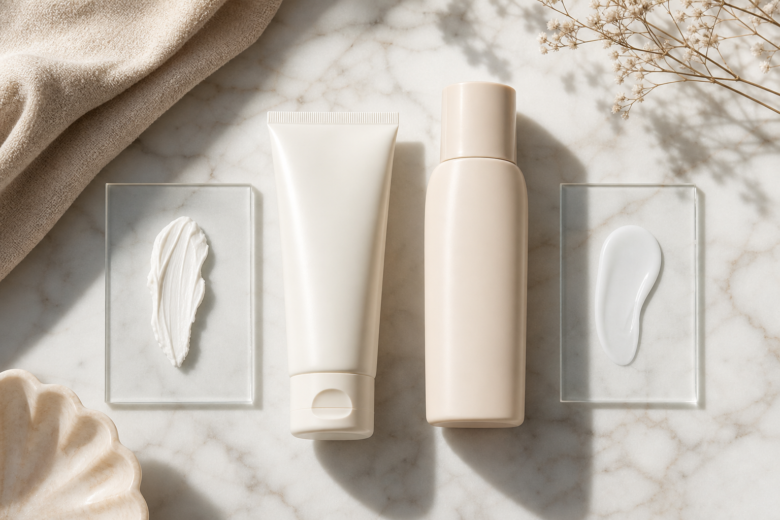 Flat-lay on a marble surface — two unbranded sunscreen bottles side by side, one labeled "mineral / zinc oxide" with a thicker cream swatched on glass, one labeled "chemical" with a thinner fluid swatch. Soft daylight, overhead an