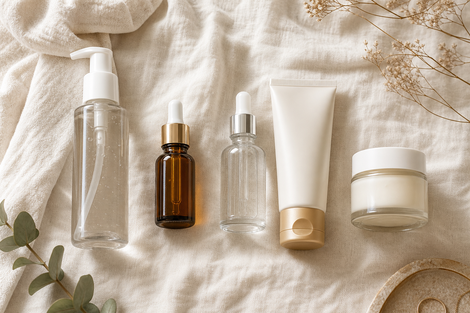 Overhead flat-lay on a soft linen surface — a complete morning routine spread left-to-right in application order: cleanser bottle, vitamin C serum dropper, niacinamide serum, sunscreen tube, small jar of moisturizer. Natural light, unbranded packagin