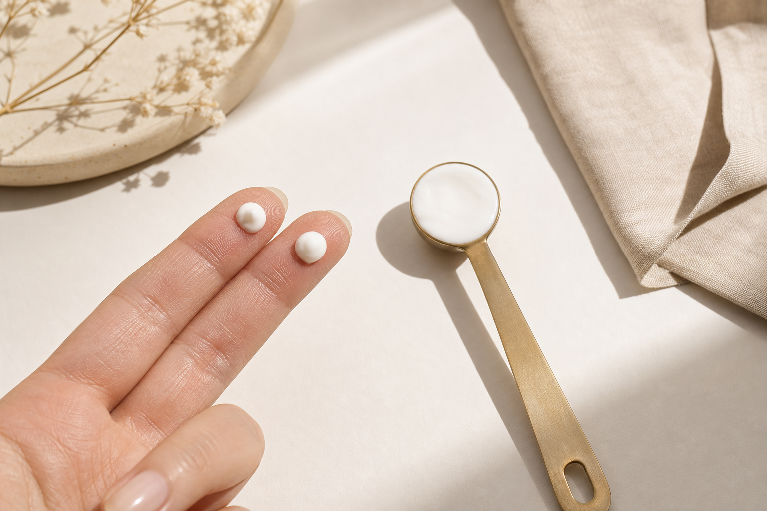 Close-up of two pea-sized dollops of sunscreen on a person's fingertips next to a measuring 1/4 teaspoon filled level with sunscreen. Side-by-side visual of "what most people apply" vs. "what the SPF label actually requires." Clea