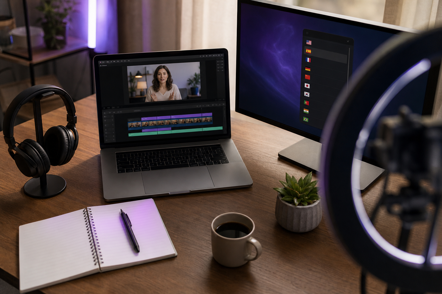 Overhead shot of a creator's desk — laptop displaying a video editing timeline, headphones, ring light slightly out of focus, secondary monitor showing a language selection dropdown. Warm, natural lighting.