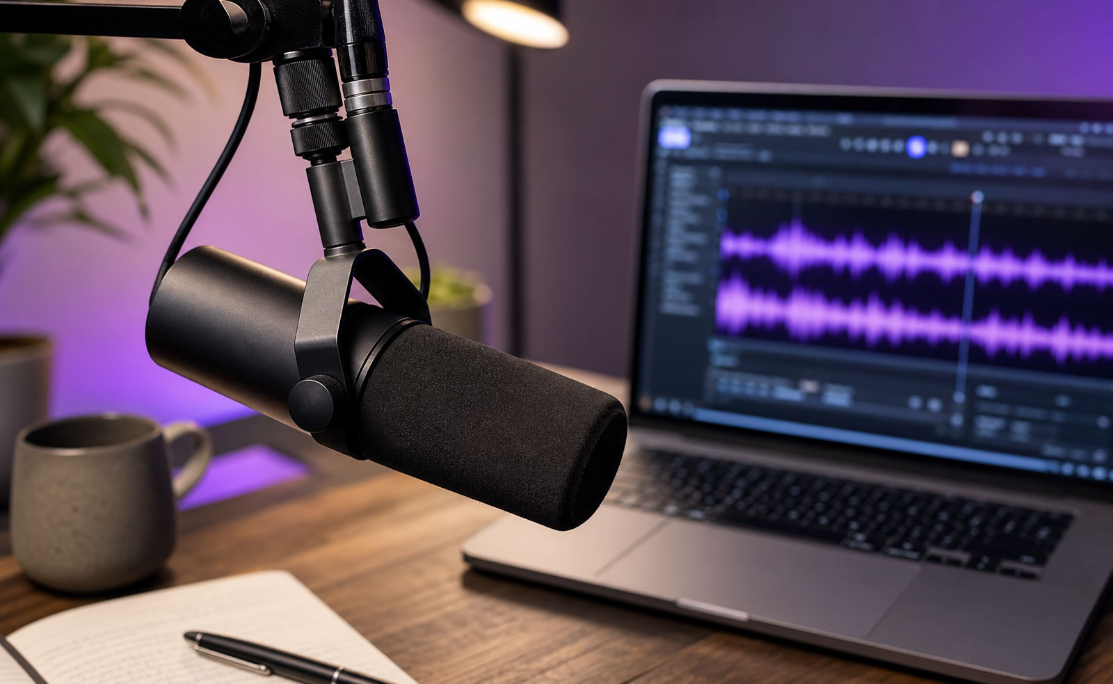 Close-up of a podcast-style microphone (Shure SM7B or similar) with a laptop screen blurred in background showing audio waveform editing. Suggests "voice authenticity" theme without being literal.
