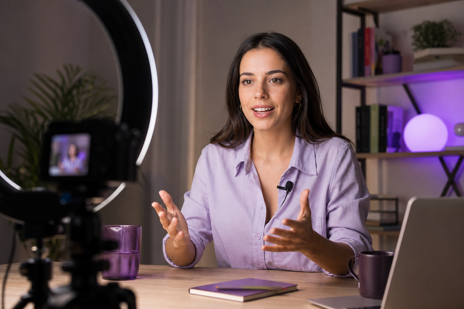 A creator filming a talking-head segment — visible on-camera, ring light, lavalier mic clipped to shirt. Use to anchor the "your face is on screen" decision point.