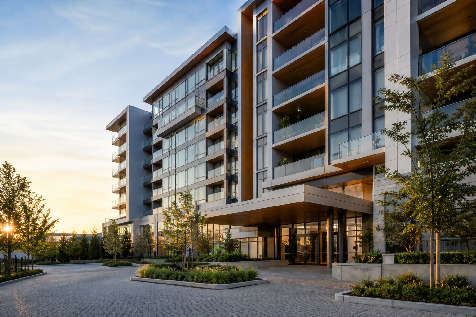 Wide-angle exterior of a modern mid-rise condo building at golden hour, showing a mix of balconies, glass facade, and a landscaped entry. Shot slightly from below to convey scale. No people.