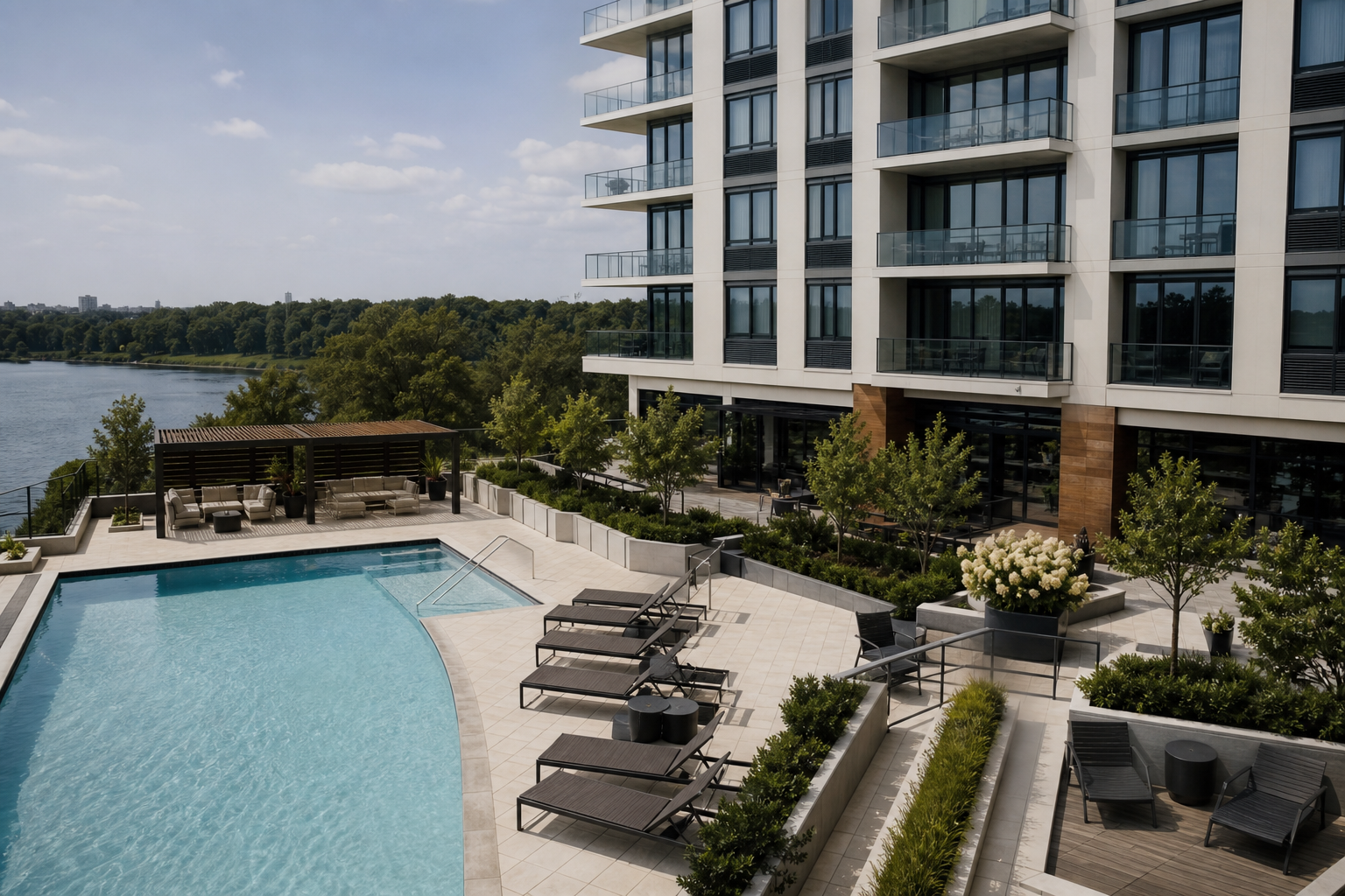 Mid-rise condo building exterior showing pool deck and shared amenity area, slightly elevated angle. Conveys 'shared infrastructure you're paying for.'