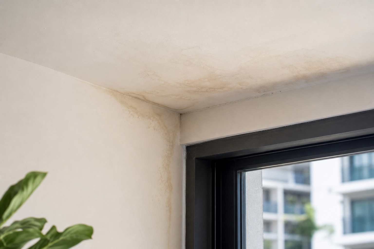 Close-up interior shot of a condo ceiling corner near a window — slight water staining or paint discoloration visible. Teaches the reader what red flags look like.