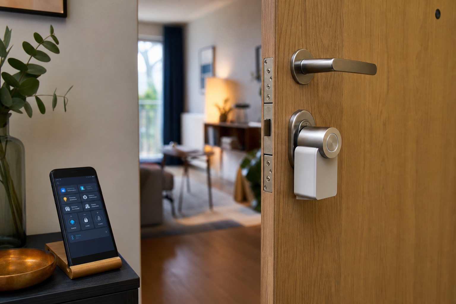 A modern apartment door from the interior, with a discreet retrofit smart lock (Nuki-style) mounted over an existing deadbolt thumbturn. Phone visible on a side table showing a Home Assistant dashboard. Warm natural light, Scandinavian interior β mat