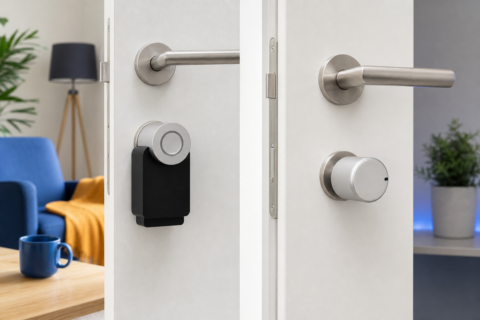 Side-by-side product shot β a Nuki Smart Lock 4 Pro mounted on a typical Polish/EU interior door over a Euro-cylinder thumbturn, alongside a Tedee GO on a similar door. Shot from a slight angle showing the retrofit's compact profile. Lighting: bright