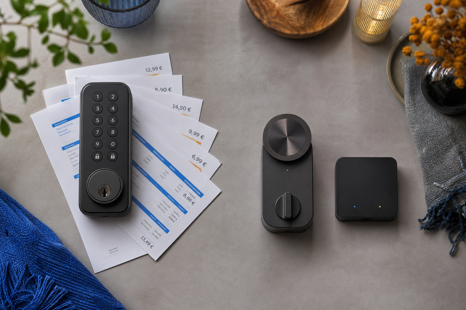 A flat-lay shot from above: on the left, a smart lock box surrounded by printed monthly subscription invoices arranged like fanned-out cards. On the right, a Home Assistant lock and a small Home Assistant Green hub with no other paperwork beside it.